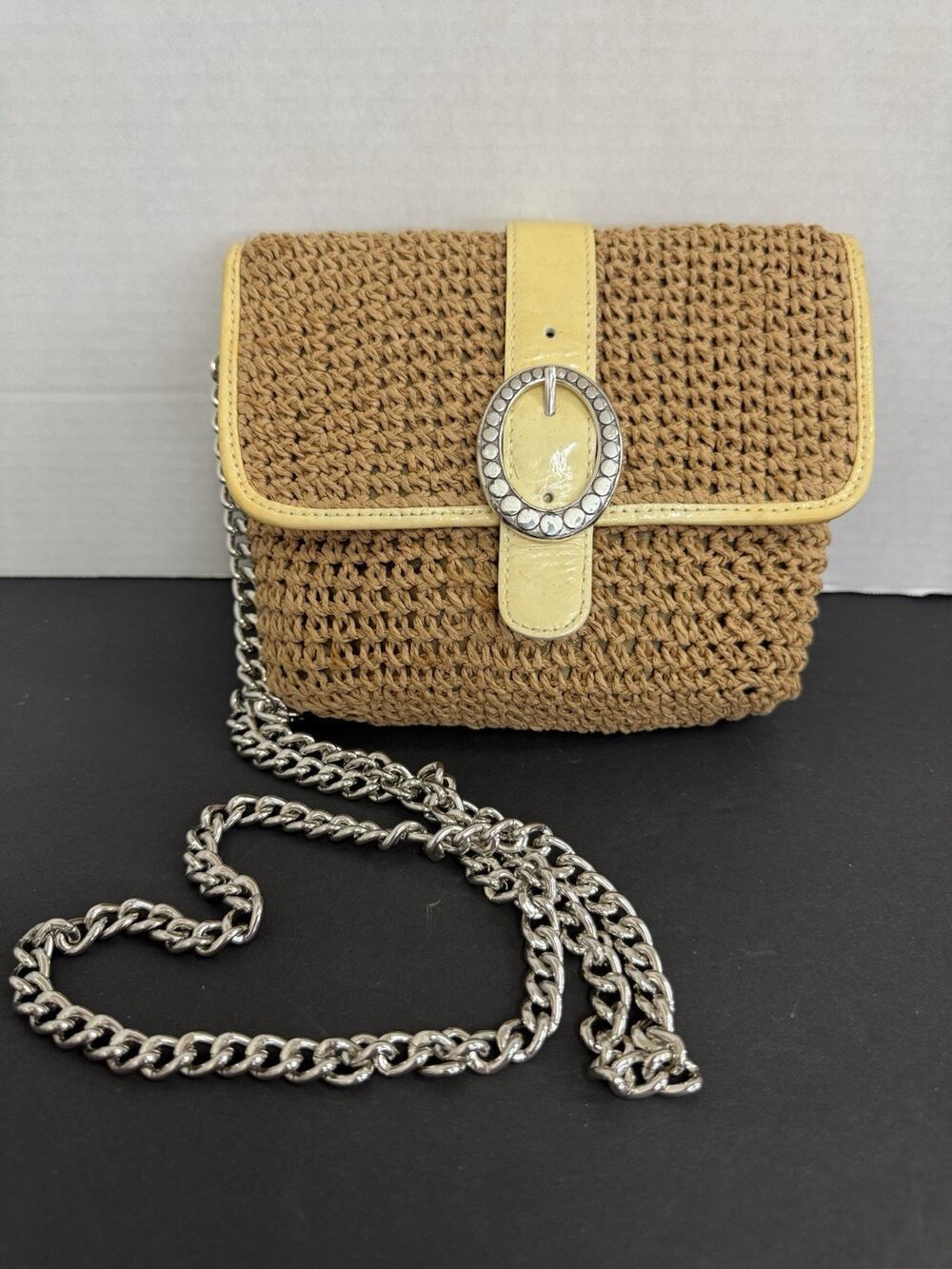 Brighton Woven Raffia Straw Purse Yellow Patent Leather Chain Shoulder Bag